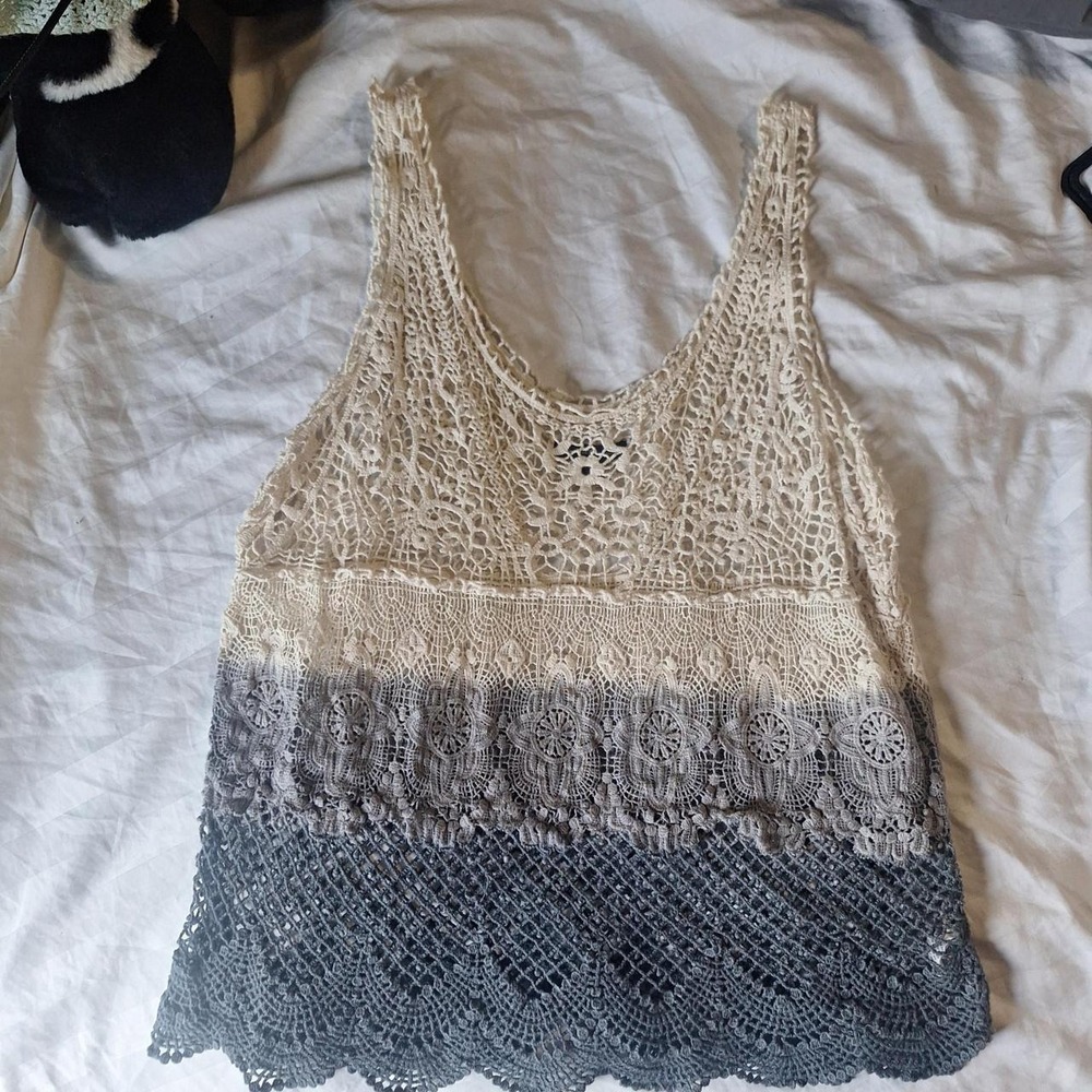 American Eagle Vintage Crochet Tank Top Cream Grey Ombre Boho Lace Knit L 07/12